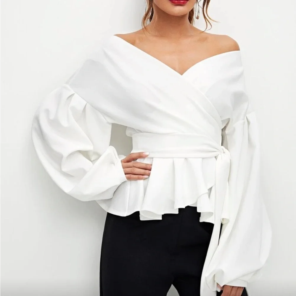 Elegant White Wrap Open Front Blouse Top Shirt - Picture 3 of 8
